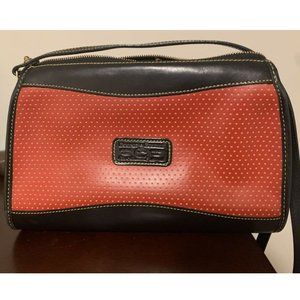 Dooney & Bourke red crossbody black leather yellow perforated dots.